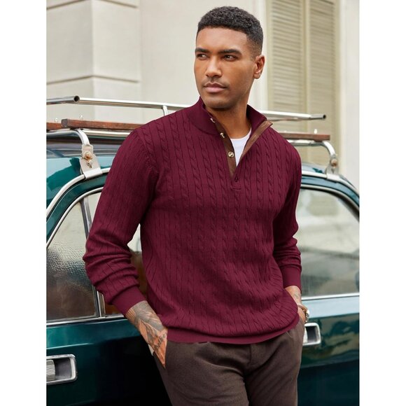 Men's Cable Knitted Pullover Sweater Long Sleeve Stand Collar Button Up Burgundy - Picture 3 of 6
